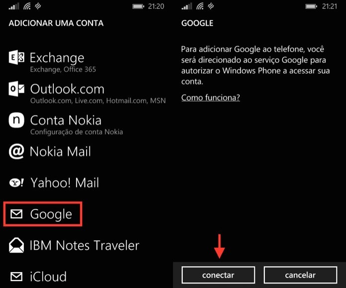Conectando conta do Google ao Windows Phone (Foto: Reprodução/Helito Bijora)