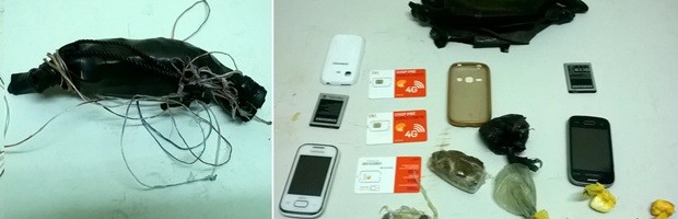Dentro da embalagem estavam três aparelhos celulares, chips e drogas (Foto: G1/RN)