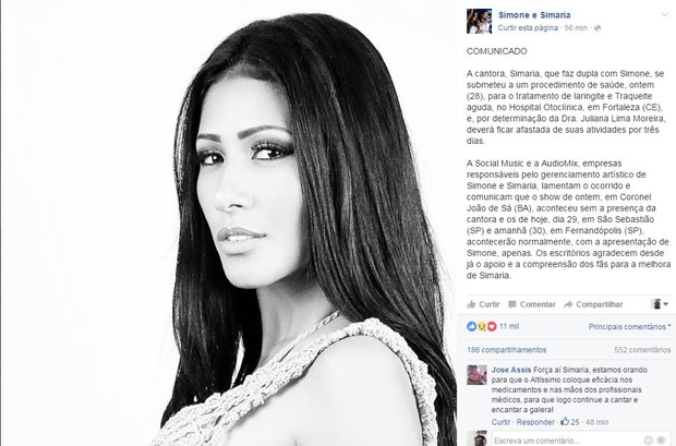 Comunicado de Simone e Simaria (Foto: Reprodução/Facebook)