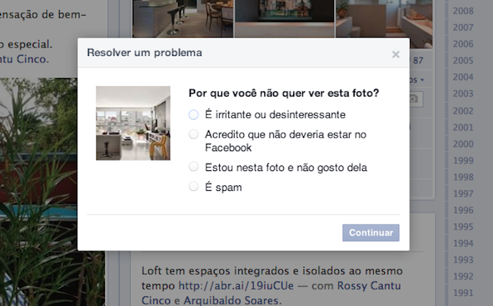 O usuário precisará respoder os motivos de querer bloquear a foto no Facebook (Foto: Reprodução/Facebook)