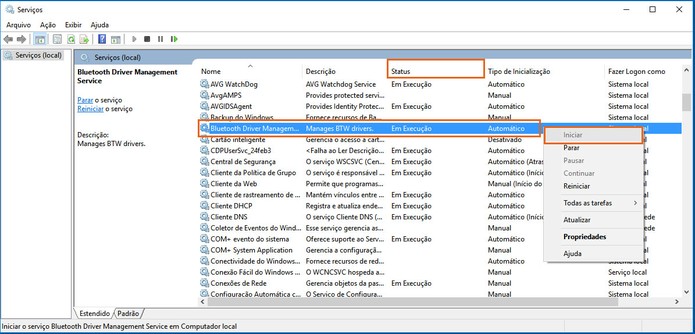 Veja se o Bluetooth está em execução nos serviços do PC com Windows 10 (Foto: Reprodução/Barbara Mannara)