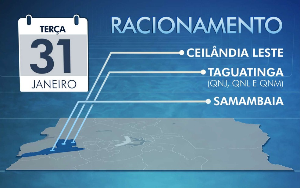 Mapa mostra áreas afetadas pelo racionamento nesta terça (31), no Distrito Federal (Foto: Arte/TV Globo/Reprodução)