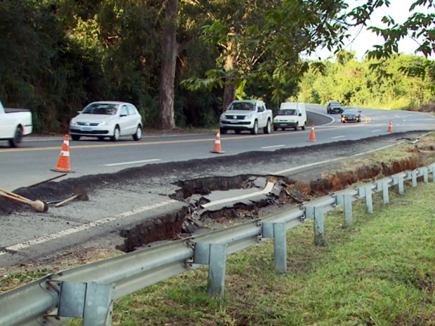 Motoristas cobram reparo em trecho da BR-146; pista está cedendo na altura do km 568, na saída de Andradas, MG (Foto: Reprodução EPTV/Michel Diogo) Motoristas cobram reparo em trecho da BR-146; pista está cedendo na altura do km 568, na saída de Andradas, MG (Foto: Reprodução EPTV/Michel Diogo)
