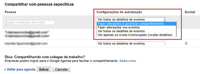 Configurando as opções de compartilhamento e acesso do contato no Google Agenda (Foto: Reprodução/Lívia Dâmaso)