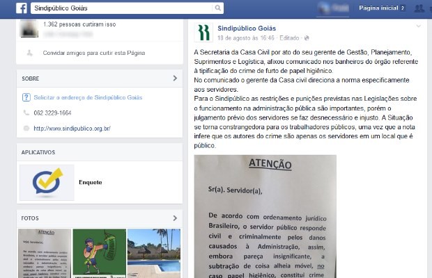 Sindicato postou comunicado nas redes sociais (Foto: Reprodução/ Facebook)