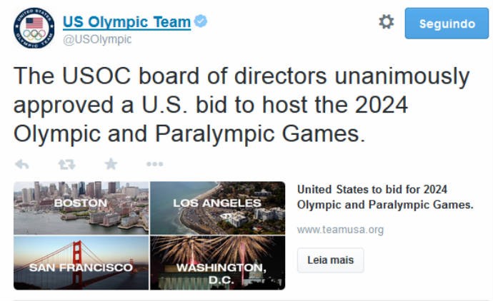 Estados Unidos aprovam quatro propostas para cidade-sede das Olimpíadas de 2024 (Foto: Reprodução/Twitter)