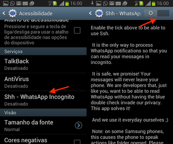 Caminho para ativar as opções de acessibilidade para o aplicativo Shh em um smartphone Android (Foto: Reprodução/Marvin Costa)