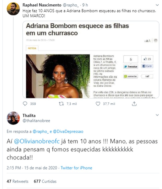 Filha de Adriana Bombom esclarece boatos de que teria sido esquecida com a irmã em churrasco (Foto: Reprodução/Twitter) Filha de Adriana Bombom esclarece boatos de que teria sido esquecida com a irmã em churrasco (Foto: Reprodução/Twitter)