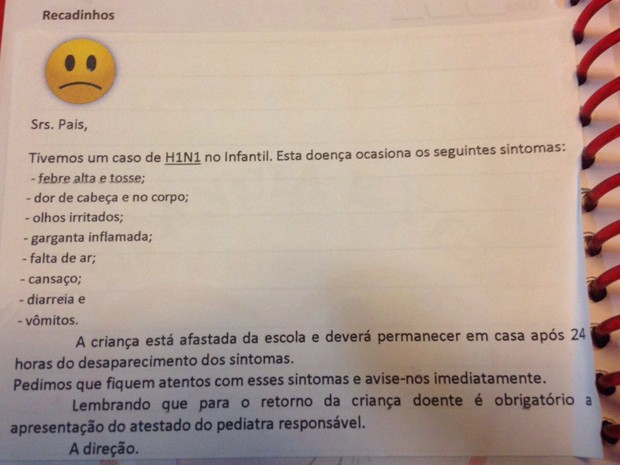 Comunicado enviado pela escola do filho da advogada Marcella Costa, após aumento de casos de H1N1 em SP (Foto: Arquivo Pessoal )