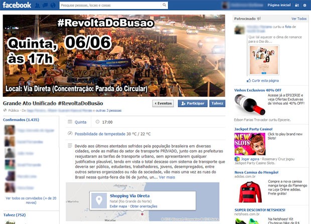 Página que o movimento mantém no facebook confirma convocação para o novo protesto (Foto: Reprodução/Facebook)