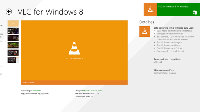 Loja Windows Store exibe pequeno pop up de notificação da instalação do VLC Player (Foto: Reprodução/Elson de Souza)