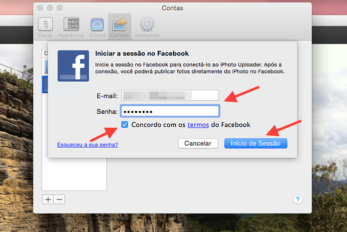 Iniciando uma sessão do Facebook no iPhoto (Foto: Reprodução/Marvin Costa)