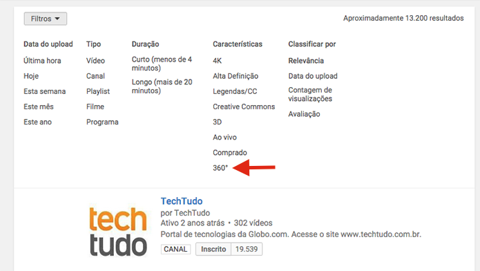 Definindo resultados para vídeos em 360 graus com o filtro de busca do YouTube (Foto: Reprodução/Marvin Costa)