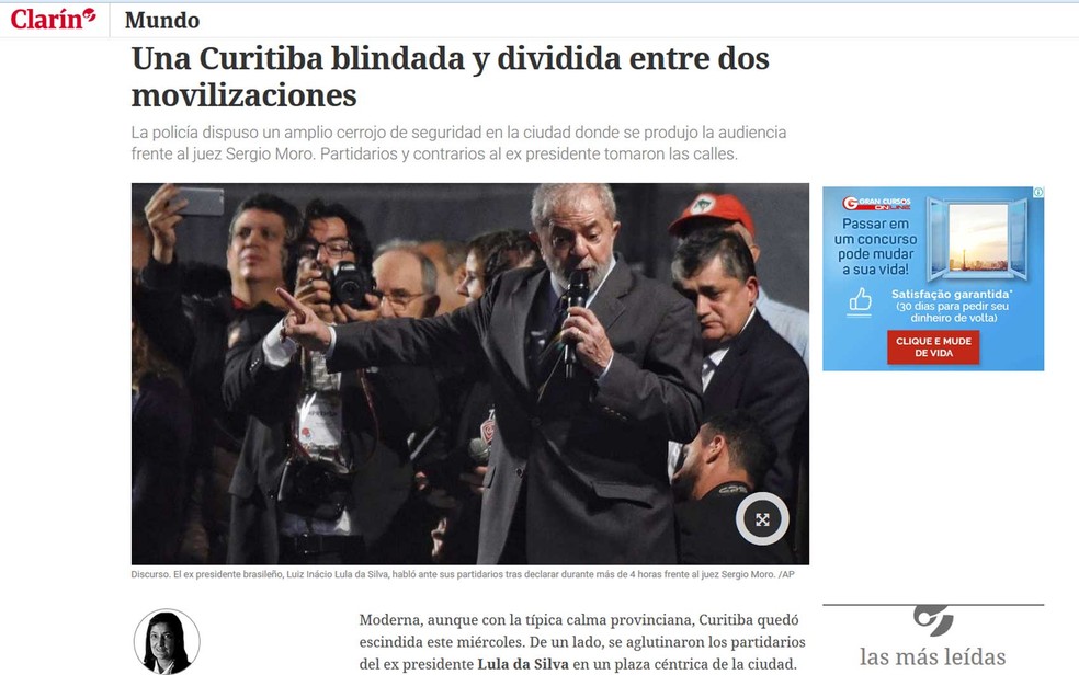“Clarín” informou sobre a bipolaridade de uma Curitiba “blindada e dividida”, mas civilizada (Foto: Reprodução / Clarín)
