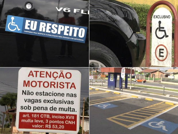 Adesivo em carro e placas indicam respeito e preferência às pessoas com deficiência (Foto: Reprodução/RPC TV)