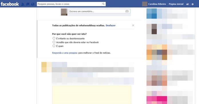 Mensagem confirmando que as postagens sobre o app What Would I Say foram ocultadas do Facebook. (Foto: Reprodução/Carolina Ribeiro) Mensagem confirmando que as postagens sobre o app What Would I Say foram ocultadas do Facebook. (Foto: Reprodução/Carolina Ribeiro)