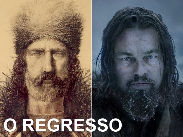 À esquerda, o explorador Hugh Glass (1783-1833), e, à dir., Leonardo DiCaprio em 'O regresso' (Foto: Divulgação)