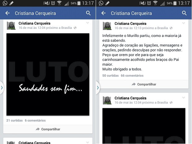 Publicações de Cristiana Cerqueira na web, após morte de coronel do Exército em Brasília (Foto: Facebook/Reprodução)