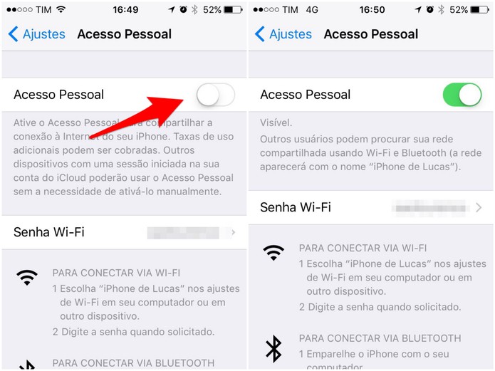 Ative a opção de Acesso Pessoal do iPhone (Foto: Reprodução/Lucas Mendes)
