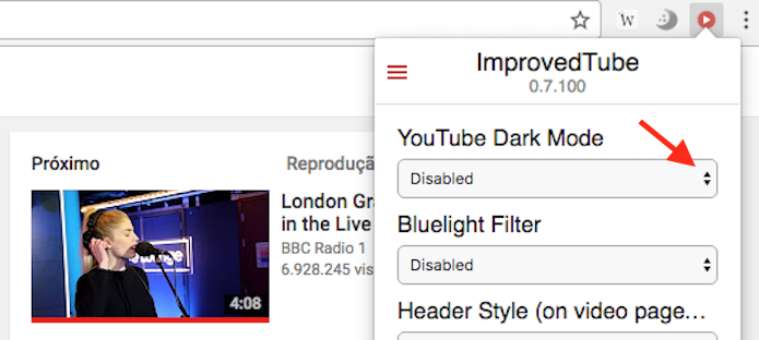 Caminho para acessar as opções para o DarkMode do YouTube da extensão ImprovedTube (Foto: Reprodução/Marvin Costa)