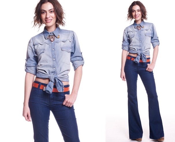 camisa jeans feminina amarrada na cintura