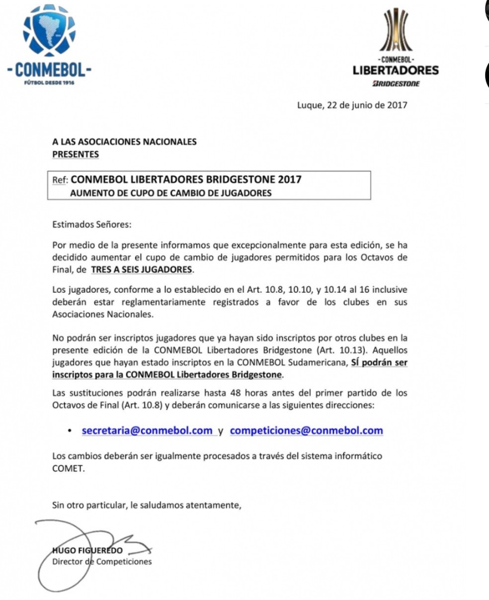 Comunicado da Conmebol anunciando mudanças no regulamento de inscrição de atletas (Foto: Reprodução)