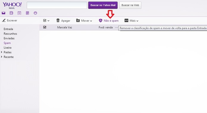 Opção de marcar e-mail como não sendo spam no Yahoo Mail (Foto: Reprodução/ Marcela Vaz)