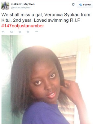 Post no Twitter mostra imagem de menina morta no ataque. "Sentiremos sua falta, Veronica Syokau, de Kitui. Segundo ano. Adorava nadar. Descanse em paz. #147notjustanumber" (Foto: Reprodução/Twitter/@makenzistephen1)