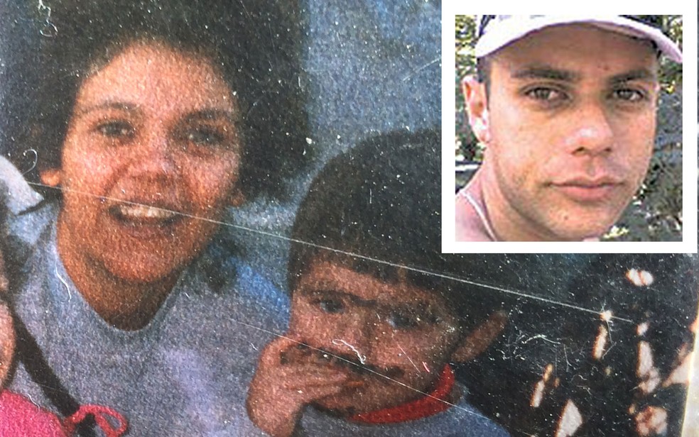 Flávia do Carmo da Silva em foto com o filho Thiago, na infância; acima, no detalhe, foto do taxista adulto (Foto: Reprodução/Divulgação/Arquivo familiar)
