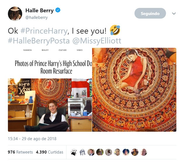 Halle Berry manda mensagem a príncipe Harry após descobrir foto na parede do quarto dele no colégio (Foto: Reprodução)