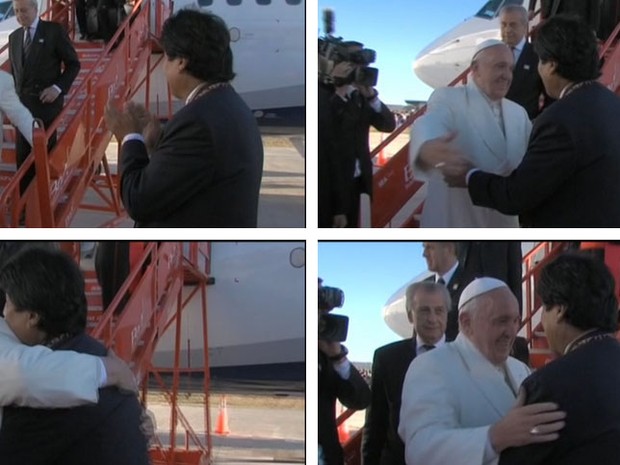 Papa e Morales se abraçam na chegada do pontífice à Bolívia (Foto: Reprodução/Twitter/Canal_BoliviaTV)