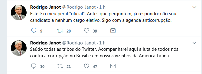 Primeiras publicações de Rodrigo Janot no Twitter (Foto: Reprodução)