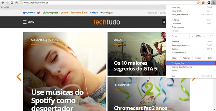 Caminho para abrir configurações no Chrome (Foto: Reprodução/Raquel Freire)