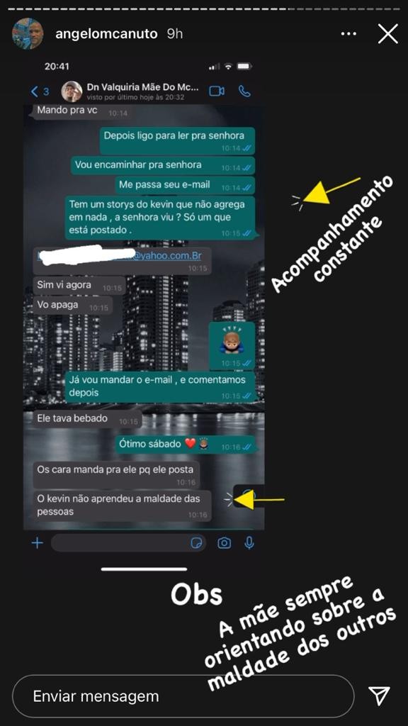 Angelo Canuto compartilha mensagens trocadas com Kevin (Foto: Reprodução/Instagram) Angelo Canuto compartilha mensagens trocadas com Kevin (Foto: Reprodução/Instagram)