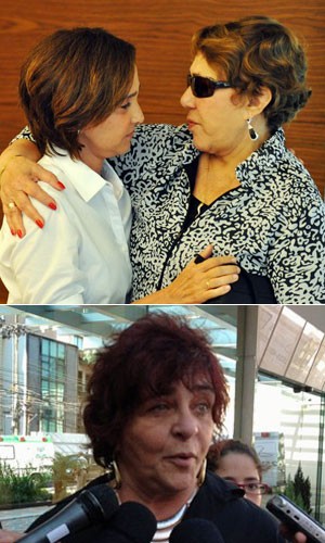 Vera Lúcia, mulher de Niemeyer, é abraçada na chegada ao hospital; abaixo, a neta Ana Lucia fala sobre o avô (Foto: Luiz Roberto Lima/Futura Press/Estadão Conteúdo e Janaína Carvalho/G1)
