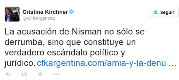 Tweet da presidente argentina sobre o caso Nisman (Foto: Reprodução/Twitter Cristina Kirchner) Tweet da presidente argentina sobre o caso Nisman (Foto: Reprodução/Twitter Cristina Kirchner)