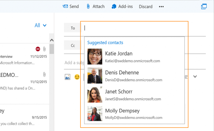 Ao compor um novo e-mail, Outlook irá sugerir contatos mais recentes ou frequentes (Foto: Divulgação)