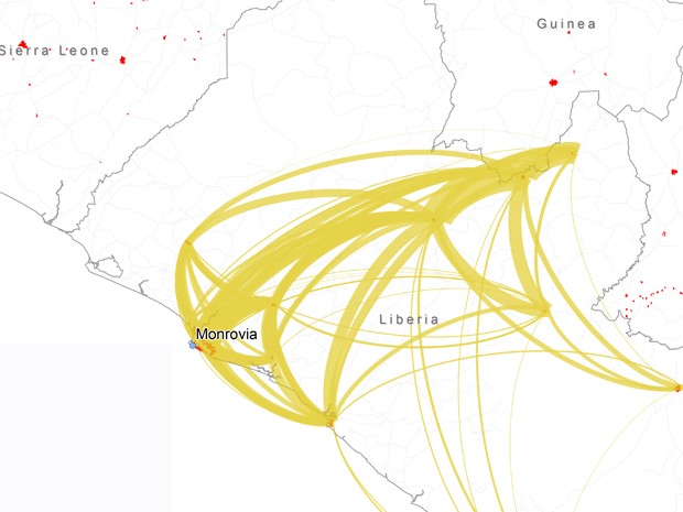 Linhas mostram projeção do deslocamento populacional na Libéria, país mais afetado pelo ebola nesta epidemia (Foto: Flowminder.org/Divulgação)