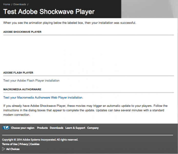 A animação deveria ser vista abaixo do Adobe Shockwave player, mas o plugin não está