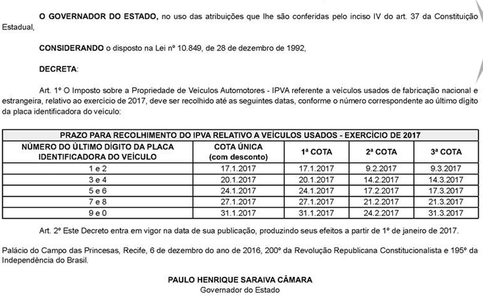 Cota única e primeira devem ser pagas no dia 17 de janeiro (Foto: Diário Oficial/Reprodução)