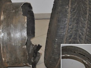 Roda e pneu, que foi cortado, do carro de Cristiano Araújo, em Goiás (Foto: Divulgação/ IC)