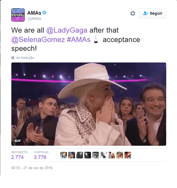 Lady Gaga se emociona com discurso de Selena Gomez (Foto: Reprodução/Twitter)