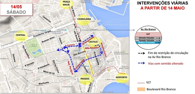 Mapa mostra alterações no trânsito com reabertura de trecho da Avenida Rio Branco, Rio (Foto: Secretaria Municipal de Transportes/Divulgação) Mapa mostra alterações no trânsito com reabertura de trecho da Avenida Rio Branco, Rio (Foto: Secretaria Municipal de Transportes/Divulgação)