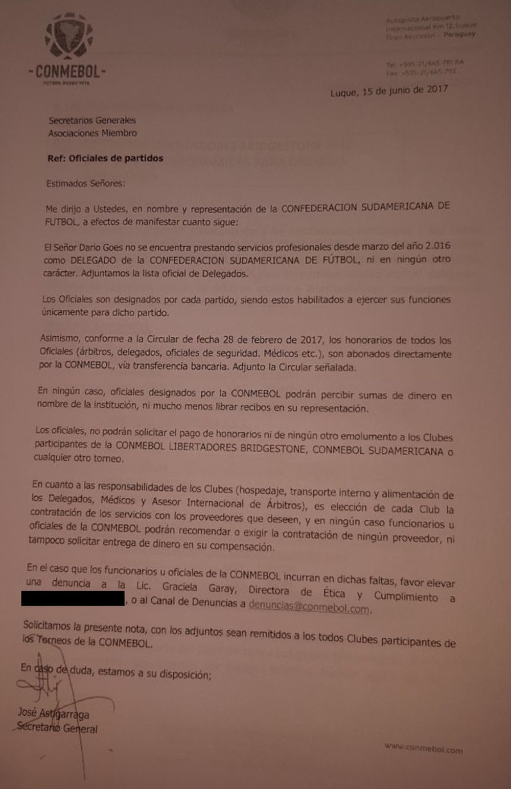  Ex-representante da Conmebol foi desligado em 2016, revela documento