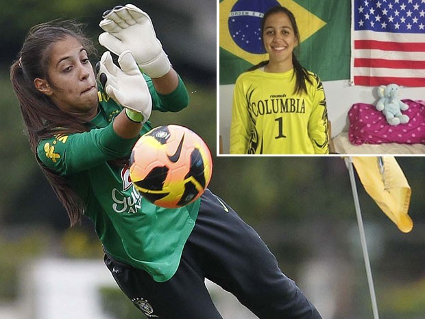 Flavia Guedes foi goleira da Seleção Brasileira sub-20 e agora estuda e joga na universidade Columbia College, nos EUA (Foto: Rafael Ribeiro/Divulgação/CBF/Flavia Guedes/Arquivo pessoal)