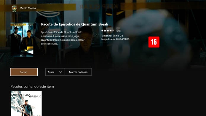 Clique em baixar no pacote de Quantum Break (Foto: Reprodução/Murilo Molina)