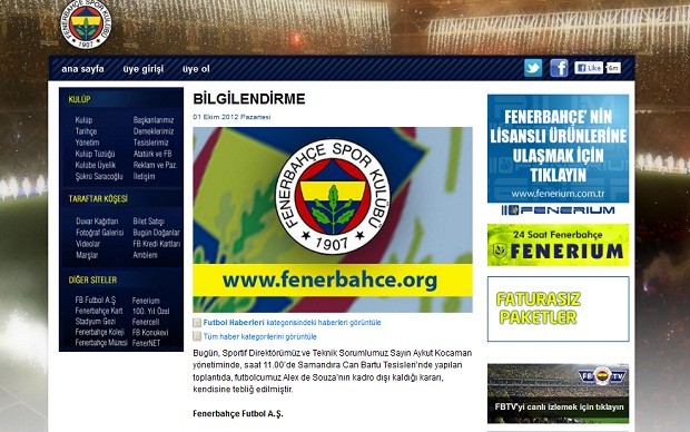Nota oficial no site do Fenerbahçe anuncia o afastamento de Alex (Foto: Reprodução)