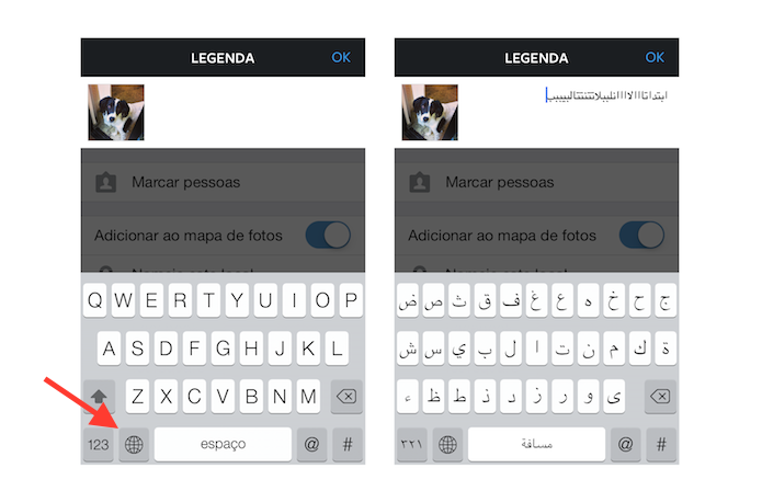 Acessando um novo teclado adicionado ao iOS (Foto: Reprodução/Marvin Costa)