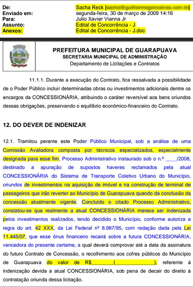 Edital de licitação enviado pelo advogado Sacha Reck, com o timbre da prefeitura de Guarapuava (PR), e com trechos em branco a serem preenchidos (Foto: Reprodução)