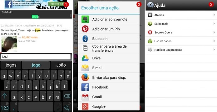 Telas das ferramentas Buscar na página, Compartilhar e Ajuda do Opera Mini para Android (Foto: Reprodução/ Raquel Freire)